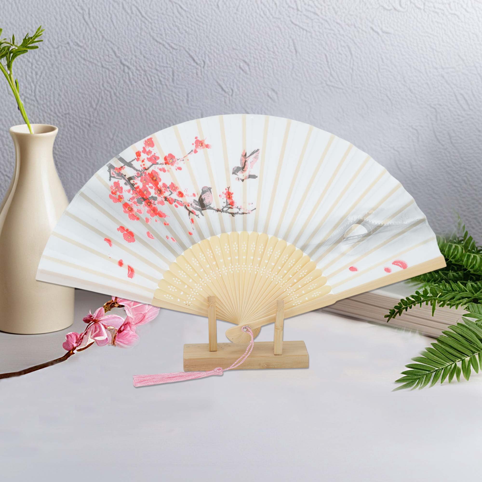 Unique Bargains Ancient Style Folding Fan 1Pc for Parties Gray White [Singing Birds Theme]