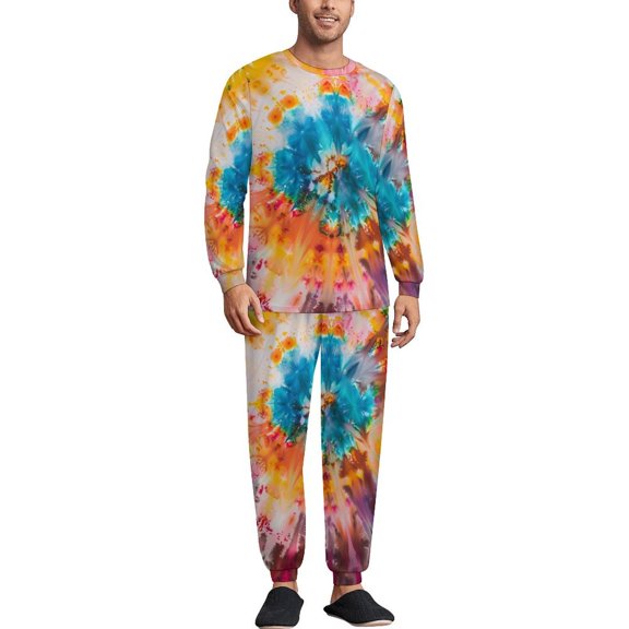 Colorful Men's Pajama Set Sleepwear Pjs Lightweight Long Sleeve Crewneck Shirts and Bottoms Soft Comfy Sleep Sets XS