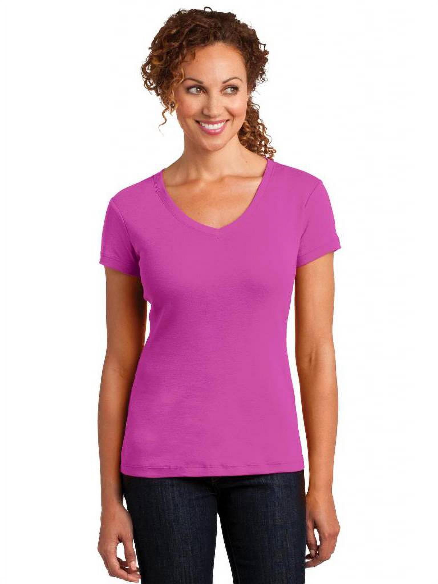 District Made Ladies MIni Rib V-Neck Tee - Pink Raspberry - Medium