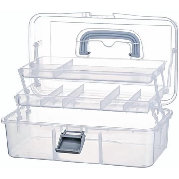 2-Tier Trays Clear Gray Plastic Storage Container Organizer Box, Multipurpose Portable Carrying Case with Latch Lock and Handle for Art, Craft, Sewing Supplies, First Aid, Makeup