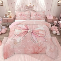 Castle Fairy Pink Bow Full Size Comforter Sets 3-Piece for Kids Teens Girls,Dreamy Princess Pearl Bow Knot Bedding Comforter Set,Chic Floral Flowers Lightweight Bedding Sets,Ultra Soft Home Decor