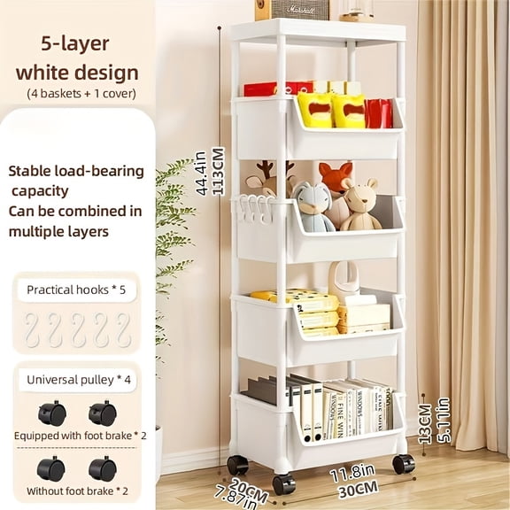 5-Tier Rolling Utility Cart Multifunctional Storage Organizer with Wheels,Storage Cart for Kitchen,Bathroom,Living Room,Office,White