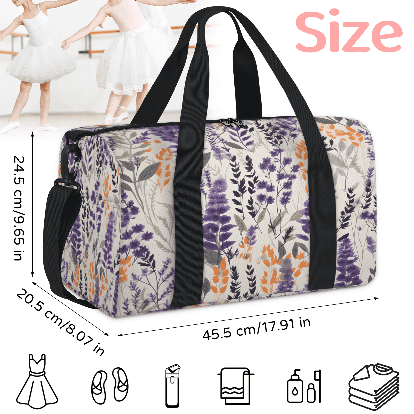 Herdesigns Floral Gym Bag for Women, Duffle Bag for Travel Sport, Lavender Lightweight Waterproof Carry on Weekender Dance Yoga Workout Bags