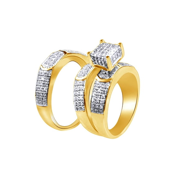 AFFY White Natural Diamond Engagement & Wedding Trio Bridal Ring Set In 10k Yellow Gold (0.79 Cttw)