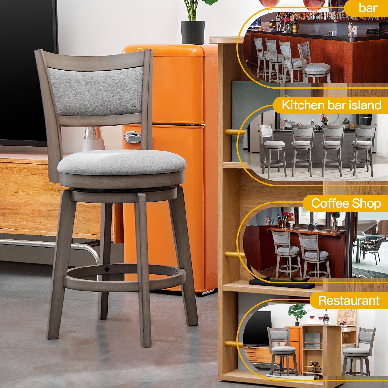 24 Inch Counter Height Swivel Bar Stools Set of 2 Barstools with High Back Pub Seat Stools Set for Kitchen Island, 4 Pack