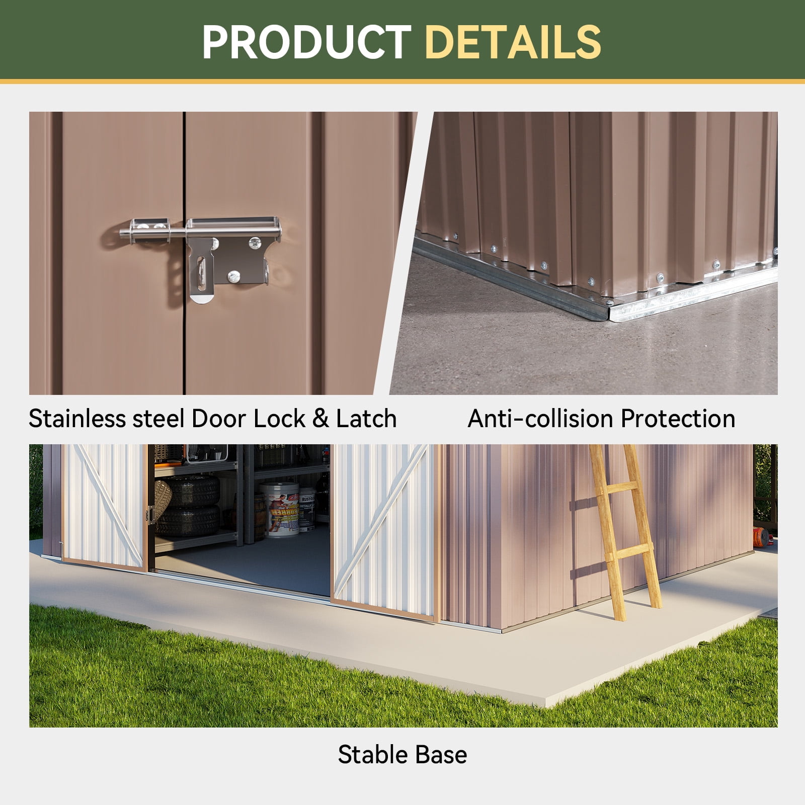 BaPiPro 10x8 ft Outdoor Metal Storage Shed, Heavy Duty Garden Tool Shed with Lockable Doors for Patio, Backyard, Brown