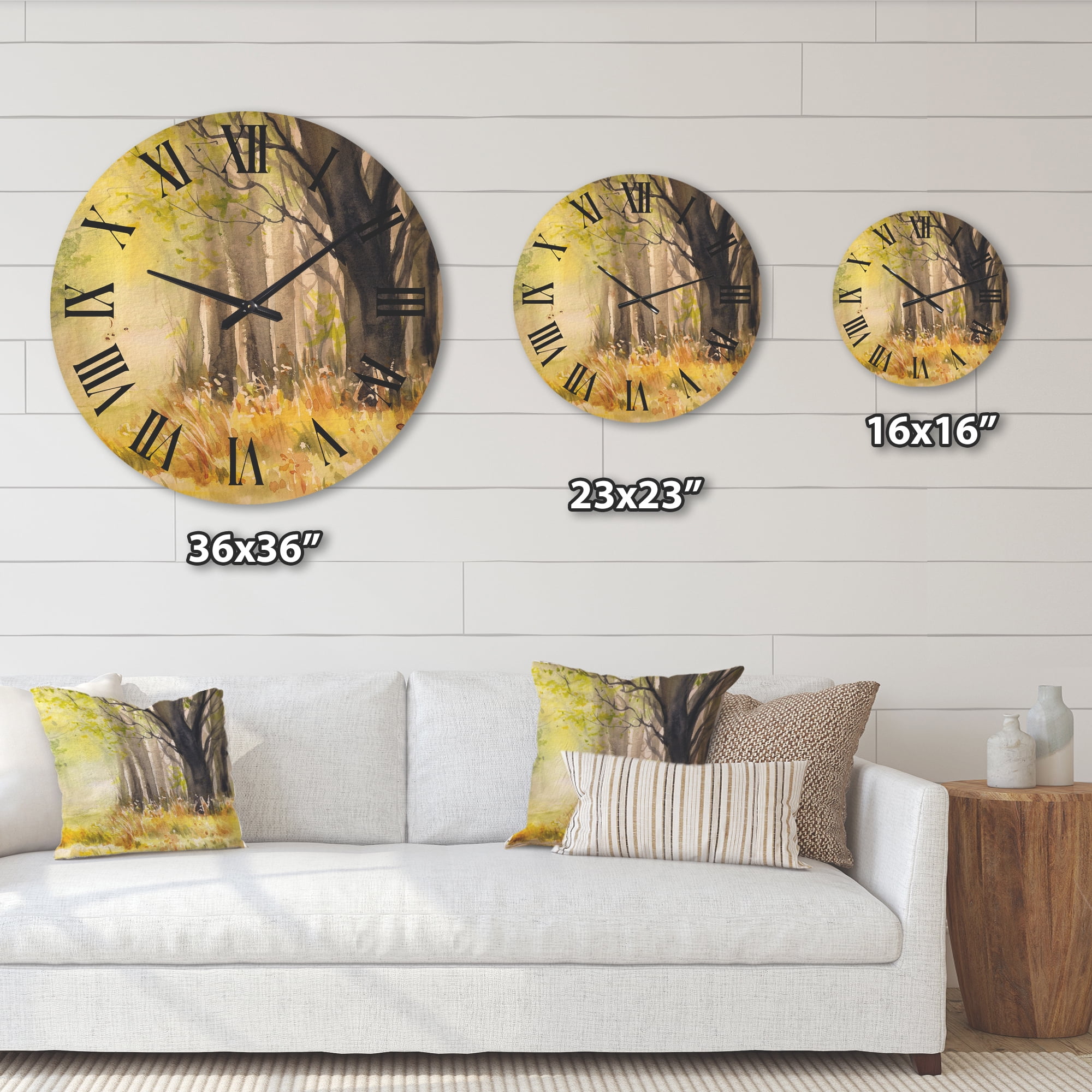 Designart 'Bright Sunshine Through The Yellow Forest Trees II' Traditional Wood Wall Clock