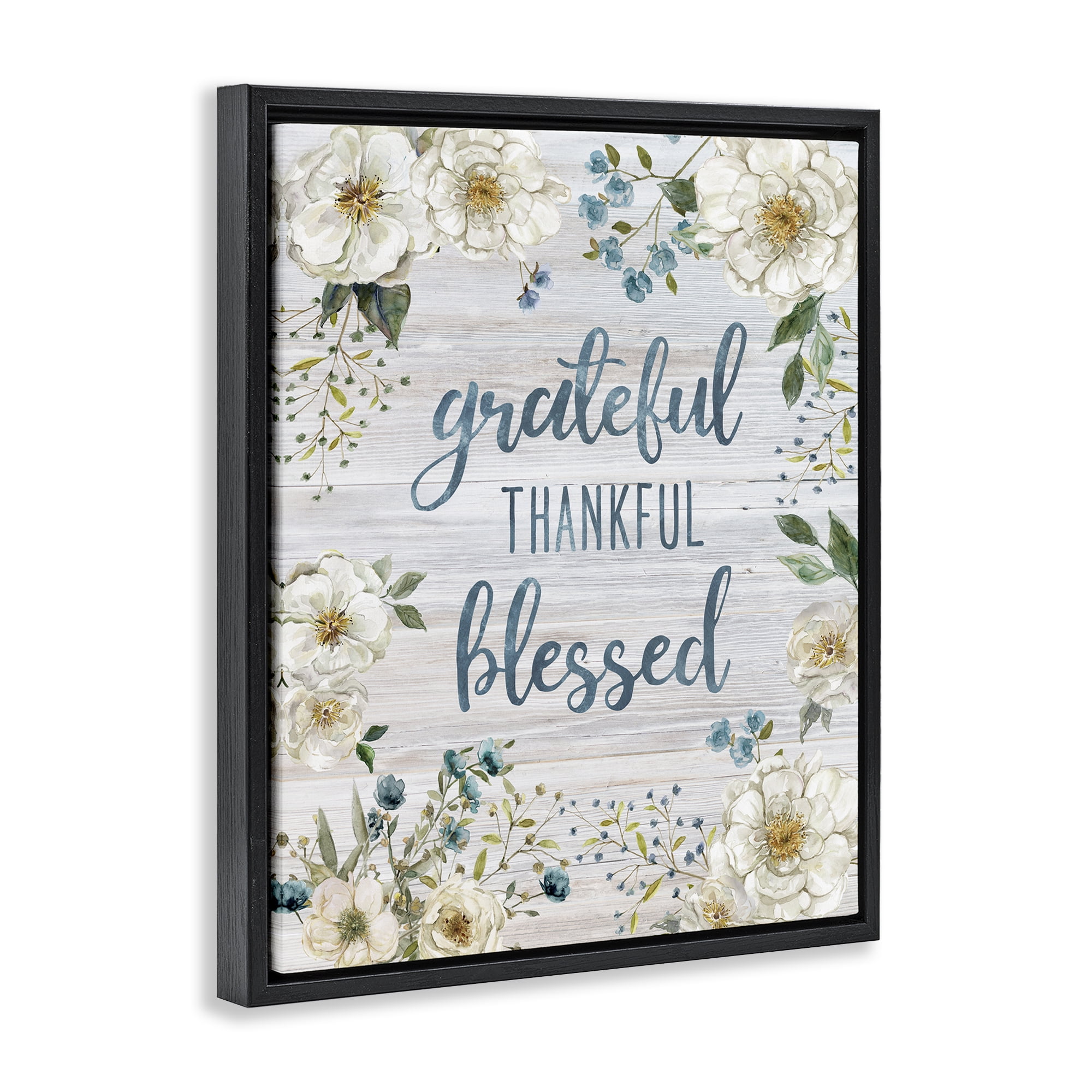 Stupell Industries Floral Gratitude Phrases Plants & Flowers Painting Black Floater Framed Canvas Art Print Wall Art, 25 x 31