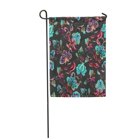 Patio Blog SIDONKU Black Eastern European Folk Flowers at Dark Floral Pattern Watercolor Bloom Blos Garden Flag Decorative Flag House Banner 12x18 inch ()