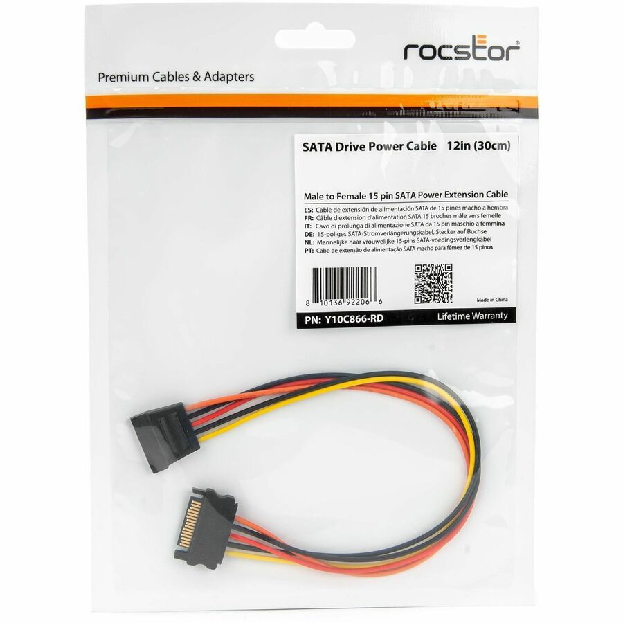 Rocstor Y10C866RD 12in SATA Power Extension Cable 15 Pin
