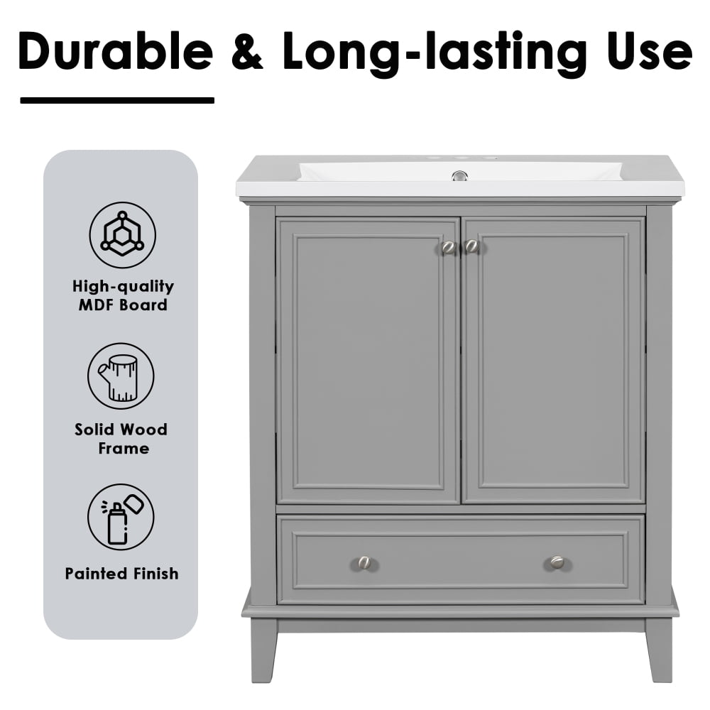30" Bathroom Vanity with Sink Combo, Solid Wood Bathroom Storage Cabinet with 1 Drawer and 2 Soft Closing Door Shelves, Grey