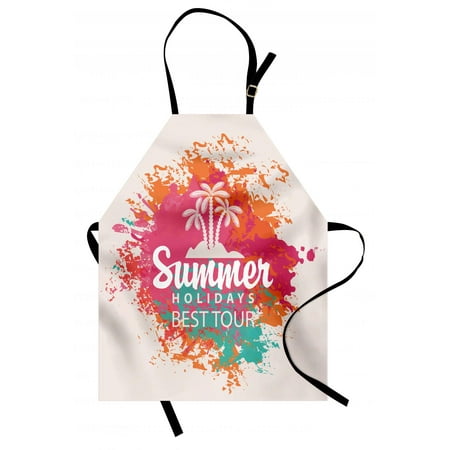 Quote Apron Summer Holidays Best Tour Lettering with Palm Tree Island Rainbow Colored Image Print, Unisex Kitchen Bib Apron with Adjustable Neck for Cooking Baking Gardening, Multicolor, by
