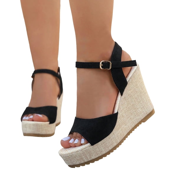 Rokment Women's Leopard Extra Wedge Heels Dressy Sandals Trendy Casual Suede Peep Toe Ankle Strap Espadrilles Platform Chunky Heeled Beach Summer Dress Shoes for Ladies Black Size 6