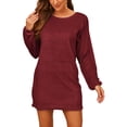 thumbnail image 2 of Fangasis Women Mini Dresses Crew Neck Pullover Jumper Long Sleeve Sweater Dress Ladies Loose Plain Winter Wine Red XL, 2 of 6