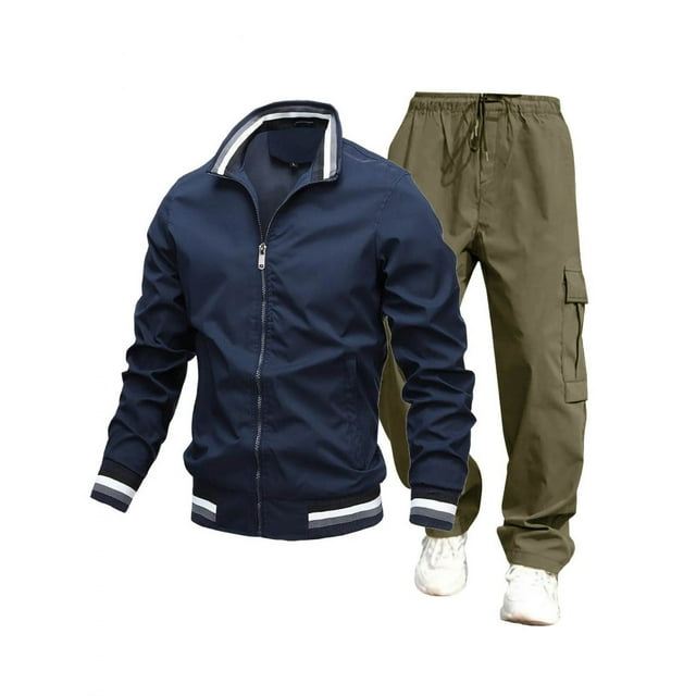 Enjoytime Mens Outfits 2 Piece Solid Color Long Sleeve Thin Zip Up Jackets Cargo Pants Sweatsuit Workout Active Casual Plus Size Sets