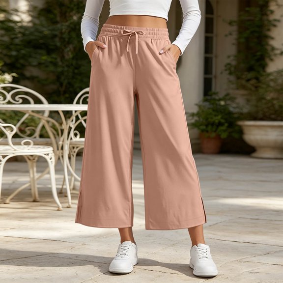 BRELIL Women's Wide Leg Drawstring Capri Pants with Pockets Flowy Casual Streetwear Loungewear Activewear Yoga Trousers Summer Loose Fit, Khaki XL