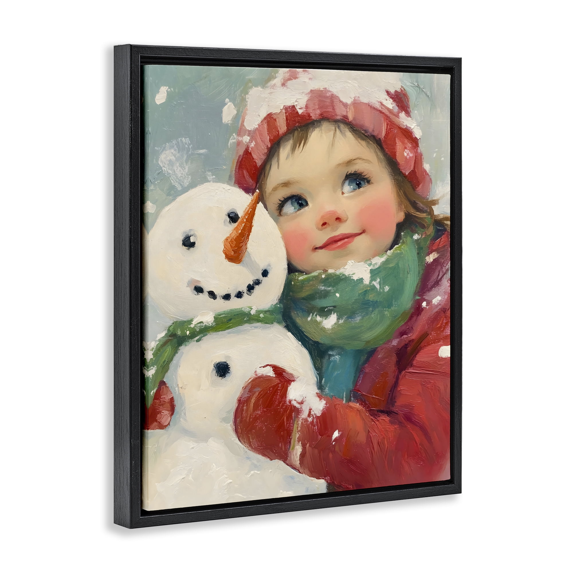 Stupell Industries Christmas Girl & Snowman Embrace Black Framed Floater Canvas Wall Art, design by The Prints Vibe