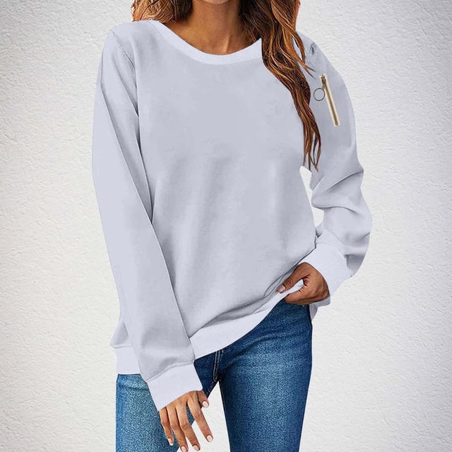 asjyhkr Chandails pour Femmes Col Rond Manches Longues Chandail Mode Ample Décontracté Couleur Unie Entraînement Gym Course Hauts