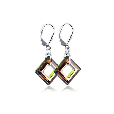 Copper Crystal Earrings - 925 Sterling Silver Made with Swarovski Elements Square Copper Color Crystal Handmade Leverback Drop Earrings