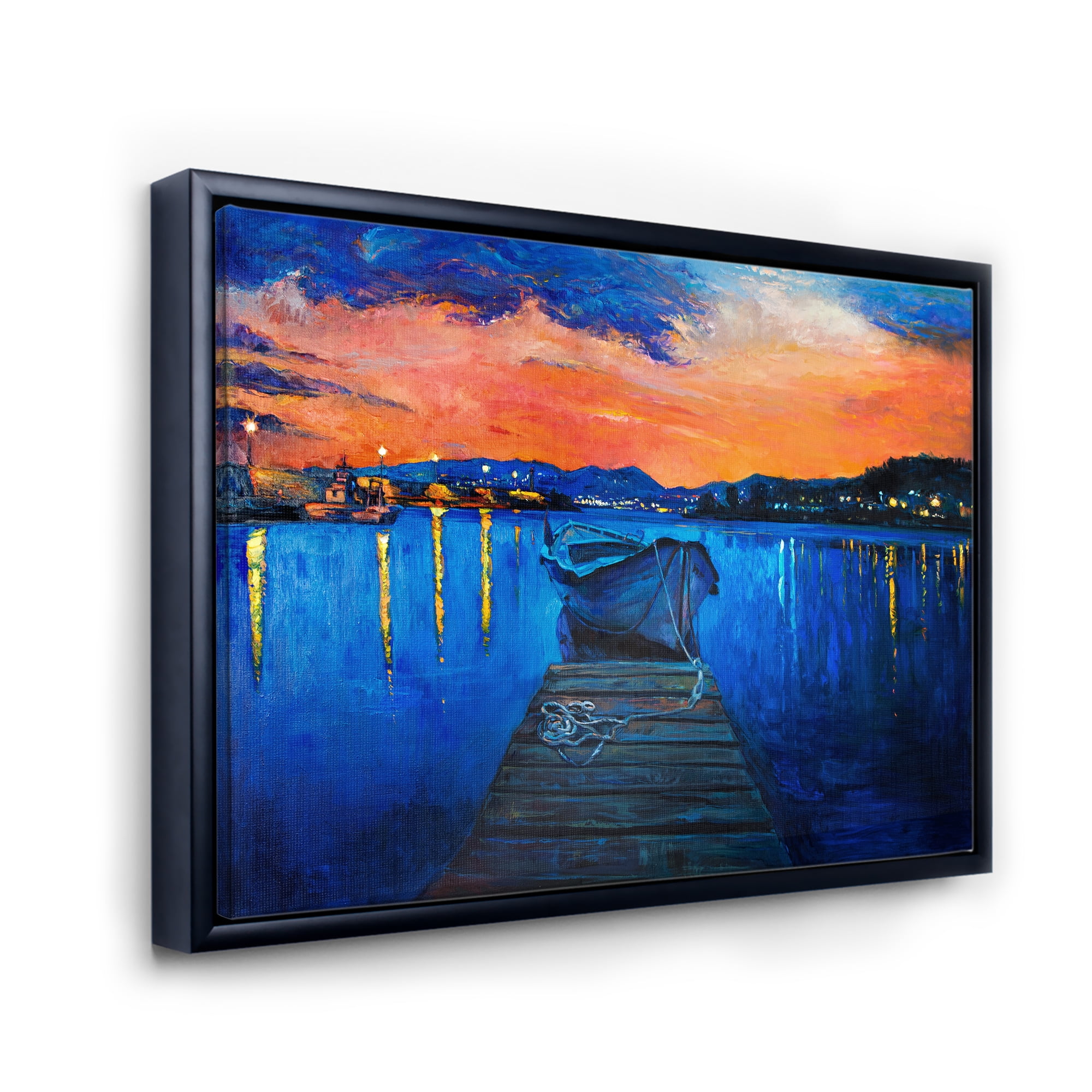 Designart 'Boats During Warm Sunset Resting On The Water III' Nautical & Coastal Framed Canvas Wall Art Print