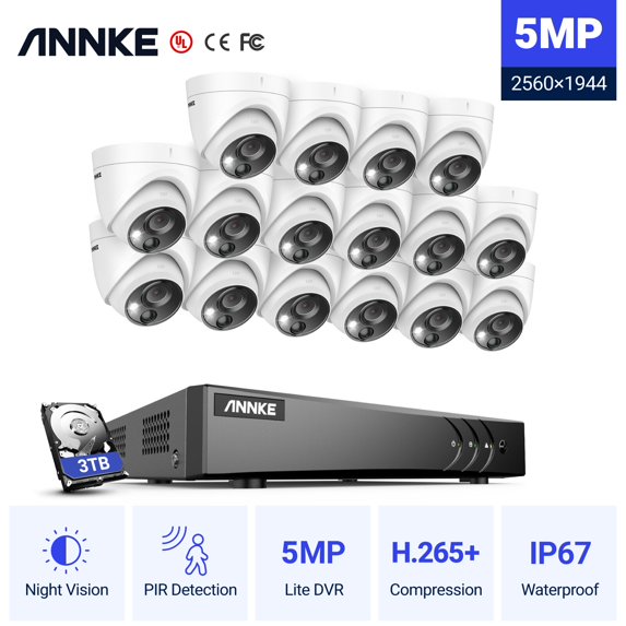 ANNKE H.265+ 5MP Ultra HD 16CH DVR CCTV Security System 16PCS Outdoor 5MP EXIR Night Vision Dome Camera Video Surveillance Kit with 3T Hard Drive Disk