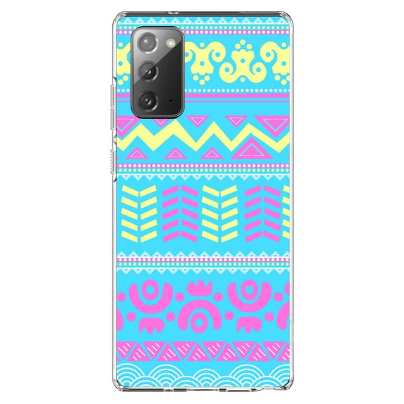 DistinctInk Clear Shockproof Hybrid Case for Galaxy Note 20 ULTRA (6.9" Screen) - TPU Bumper, Acrylic Back, Tempered Glass Screen Protector - Yellow Pink Blue Aztec Tribal