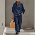 thumbnail image 2 of Evdexr Cotton Linen Sets for Women 2 Piece Sleeve V Neck Button Shirts and Wide Leg Pants Outfit Set 2026 Casual Loose Fit Business Travel Suits Dark Blue XL, 2 of 6