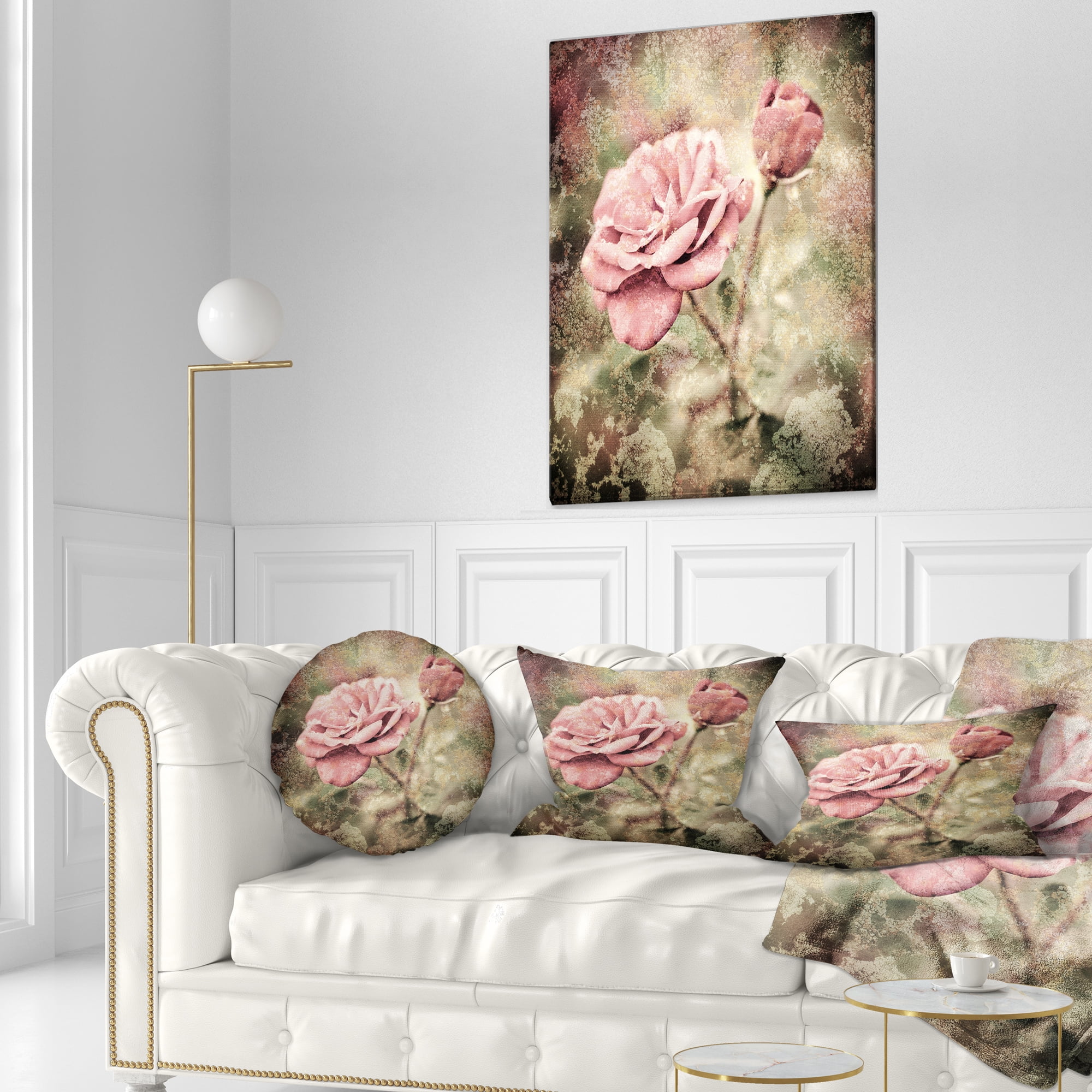 Designart Vintage Pink Roses with Water Drops - Floral Throw Pillow - 12x20
