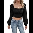 thumbnail image 2 of Blusa Corta de Larga con Volantes, Cuello Cuadrado y Fruncido para Mujer Negro XL, 2 of 10