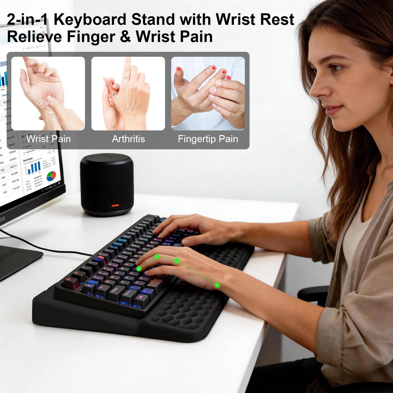 Stand With Wrist Rest  Computer Pad Support Riser Holder Lift Tray Soft Memory Foam Desk For Office Home School - Black