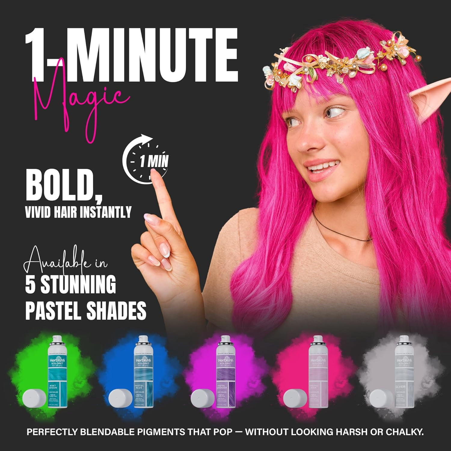 (2 pack) Herbishh Koloret Pastel Pink Hair Tint Spray (69g), Washable Temporary Color Mist for Light Hair, Quick-Dry, Non-Sticky Spray for Women, Travel-Friendly Root Touch Up