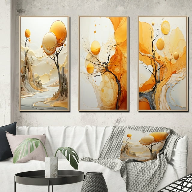 Designart "Silent Forest Full Moon Scene with Lone Tree I" Landscape Trees Framed Wall Art Set Of 3 - Yellow Trees Frame Canvas Set For Living Room Decor