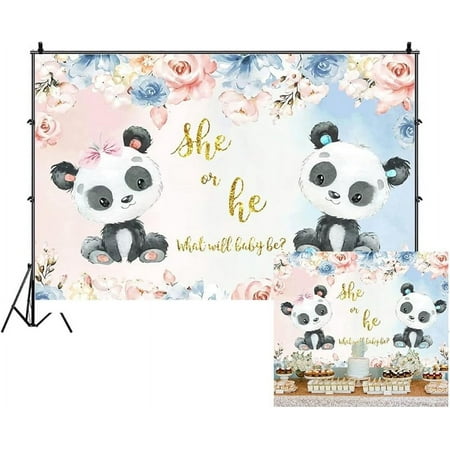 Panda Baby Shower Backdrop Pink Blue Flowers Panda Bear Gender Reveal Party Banner Decors Boy or Girl He or She What Will Baby Be Background Pregnancy Party Supplies Photo Shoot Props