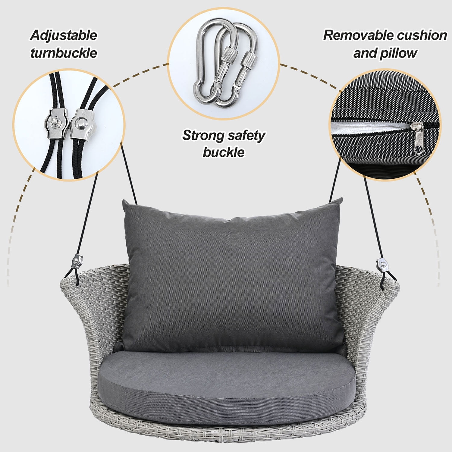 Kadyn 33.8" Single Person Hanging Seat, Rattan Woven Swing Chair With Ropes, Gray Wicker and Cushion, Wicker Porch Swing for Outdoor, Gray