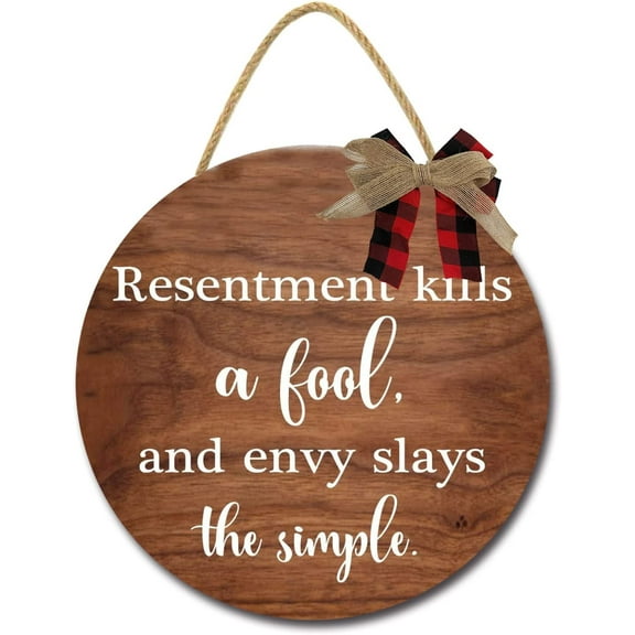 Eveokoki 12" Rustic Wooden Resentment Kills A Fool And Envy Slays The Simple Signs for Front Porch, Porch Decor Sign, Rustic Wooden Door Hangers Front Door Outdoor Hanging Vertical Sign