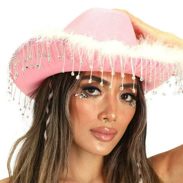 Women Cowboy Hat Wide Brim Rhinestone Tasseled Western Large Cap