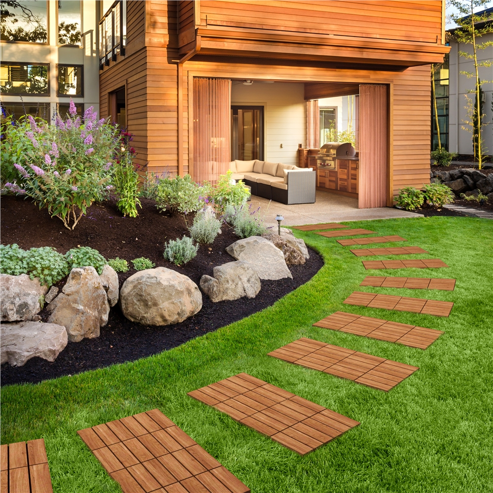 Renwick Pack of 27 Waterproof Wood Flooring Tiles for Patio Garden Deck Poolside, Wood
