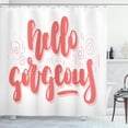 thumbnail image 1 of Hello Gorgeous Shower Curtain, Pretty Bold Bubbly and Encouraging Cursive Typographic Pattern, Fabric Bathroom Set with Hooks, 69"W X 84"L Extra Long, Burnt Sienna and White, by Ambesonne, 1 of 3