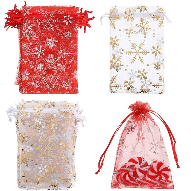 Toyvian 50pcs Bolsas con cordón Bolsas de gasa transparente Bolsas de joyería de diseño de copo de nieve Bolsas de regalo Artículos de fiesta para embalaje de boda Cumpleaños (Rojo + Blanco)