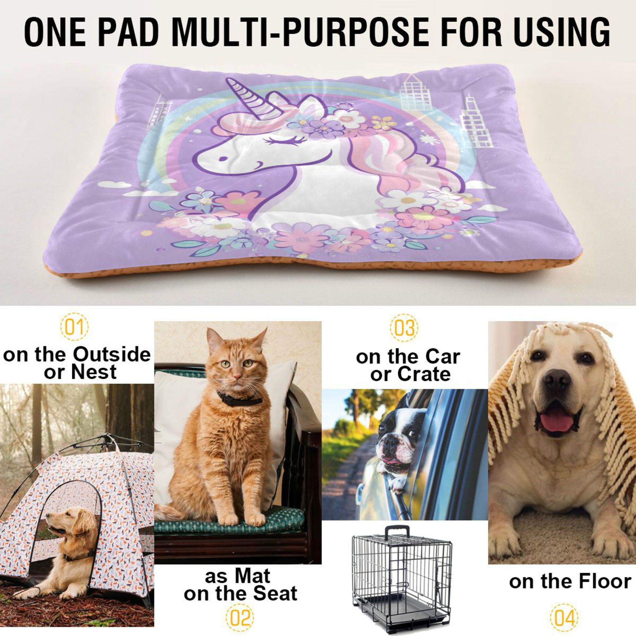 Qxltty Cute Unicorn Purple Pattern Ped Pad Wear-resistant and Hard to Bite Through Sleeping Pad for Small Medium Large Dogs Winter Pet Bed 36×24in