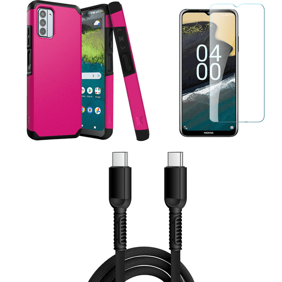 MK Dual Layer Slim Case for Nokia G310 5G Bundle with Glass Screen Protector, 30W USB-C to USB-C Charging Sync USB Cable - 6 Foot - Hot Pink
