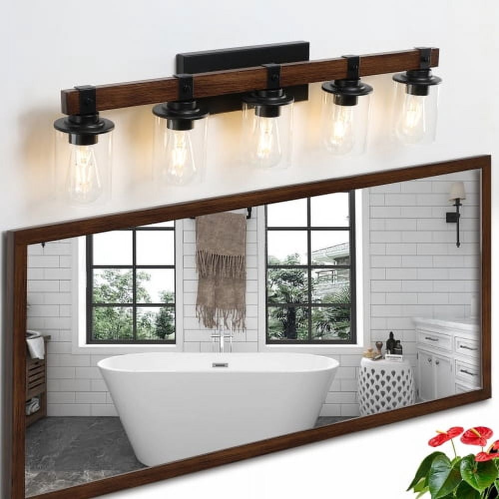 ACE-LIGHTS,5-Lights Farmhouse Rustic Bathroom Light Fixture with Glass Lampshade(Bulbs Not Included),Vanity Lights Fixture for Bathroom,Dressing Room,Bedroom,Living Room(Black)