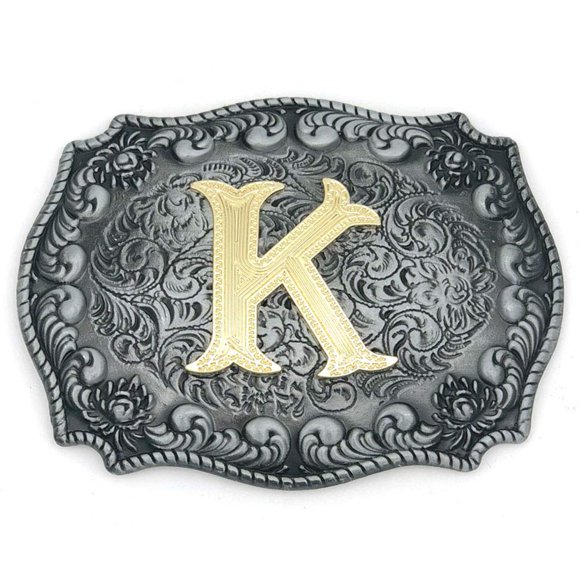 HUABOLA CALYN Boucle de Ceinture Western Lettres Initiales ABCDEFG à Y-Cowboy Rodéo Argent Grande Boucle de Ceinture pour Hommes et Femmes (K) Upgrade
