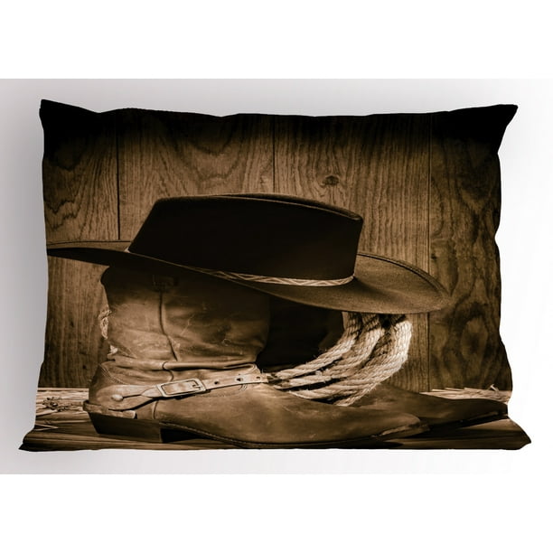 Western Pillow Sham Wild West Themed Cowboy Hat and Old Ranching Rope On Wooden Display Rodeo