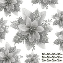 XEAZON Poinsettia Flowers for Christmas Tree, 12 Pcs Glitter Artificial Silk Flowers Decorations with Clips & Stems, Poinsettia Flowers Ornaments for Xmas Tree Wreath Wedding Party Home (Silver)