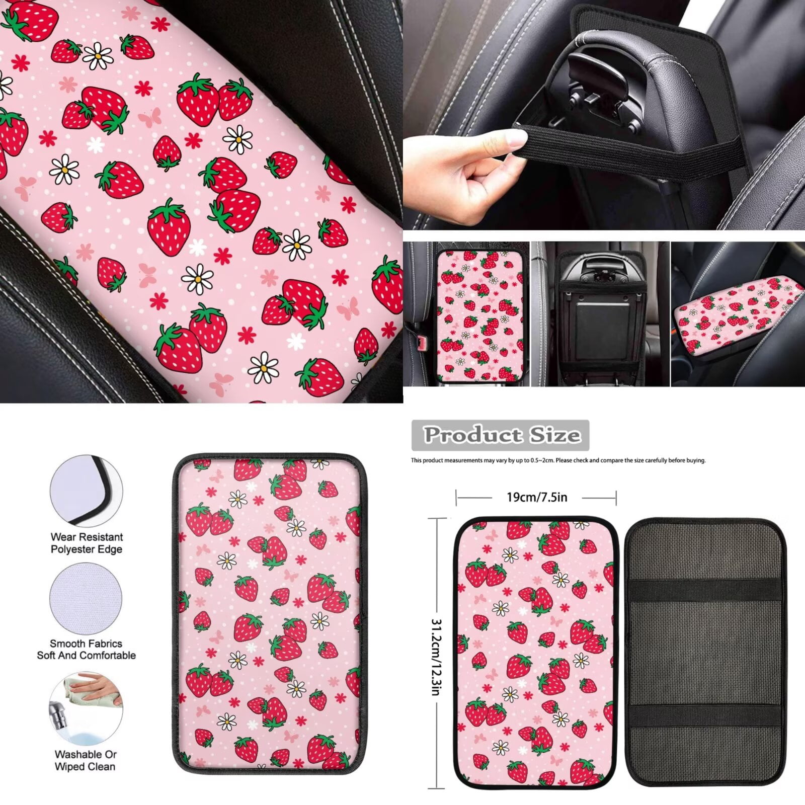 Jeiento Cute 13 Piece Car Seat Cover Set with Steering Wheel Cover Seatbelt Strap Pad Armrest Pad Cup Coasters Key Chain Pink Strawberry Automobile Interior Sets Fit for Van Truck SUV Sedan