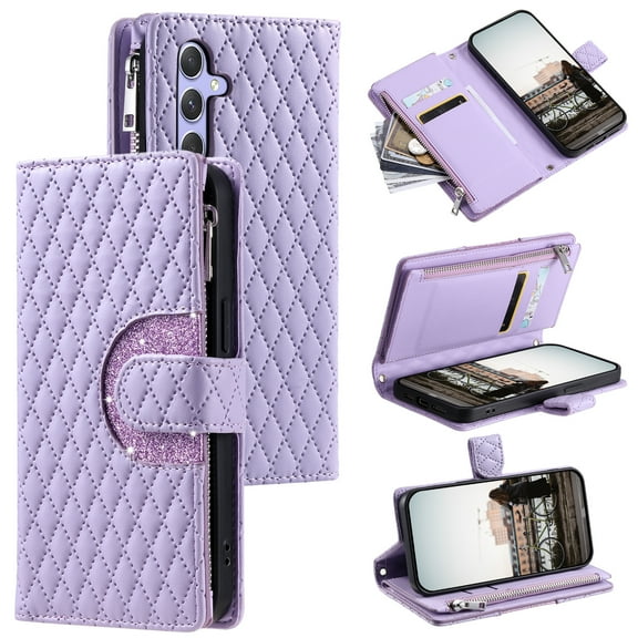 for Samsung Galaxy S25 Wallet Case with Card Holder & Kickstand & Wrist Strap, Flip Folio Book Style PU Leather Shockproof Protective Phone Cover with Crossbody Strap for Samsung Galaxy S25, Purple