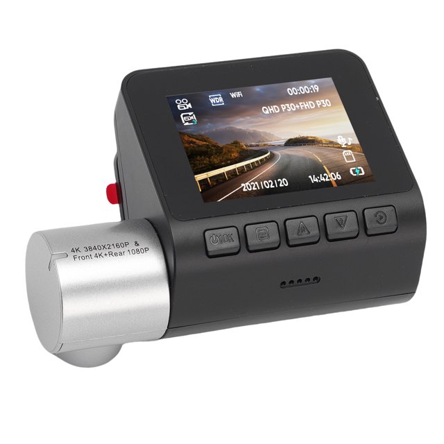 cámara de tablero de automóvil, 170 de gran angular g sensor visión nocturna 5g wifi camisco trasero delantero 4k 1080p qhd para automóviles Vista 3/4 frontal de dash cam Anggrek negra con pantalla LCD de 2.0" mostrando grabación, lente cilíndrica plateada a la izquierda marcada "Front 4K+Rear 1080P", cinco botones físicos frontales, micrófono y puerto tipo C visibles, icono de Wi‑Fi en pantalla; ángulo de visión 170°. Suele utilizarse también como cámara trasera plegable para evidencias de conducción.