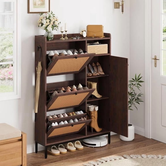 Freestanding Multifunctional Storage Shoe Cabinet with 3 Flip Drawers and Adjustable Side Cabinets, Rattan Wooden Shoe Rack Umbrella Storage Cabinet, Shoe Cabinet for Hallway, Living Room, Entryway D