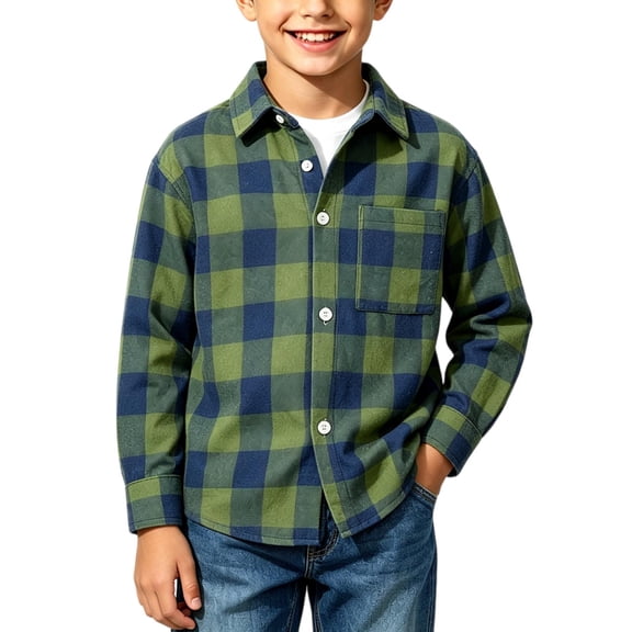 TKKCS Boys Plaid Flannel Long Sleeve Shirt Casual Fall Soft Cotton Blend Button Down Jacket Shirt with Chest Pocket Green 7-8Y